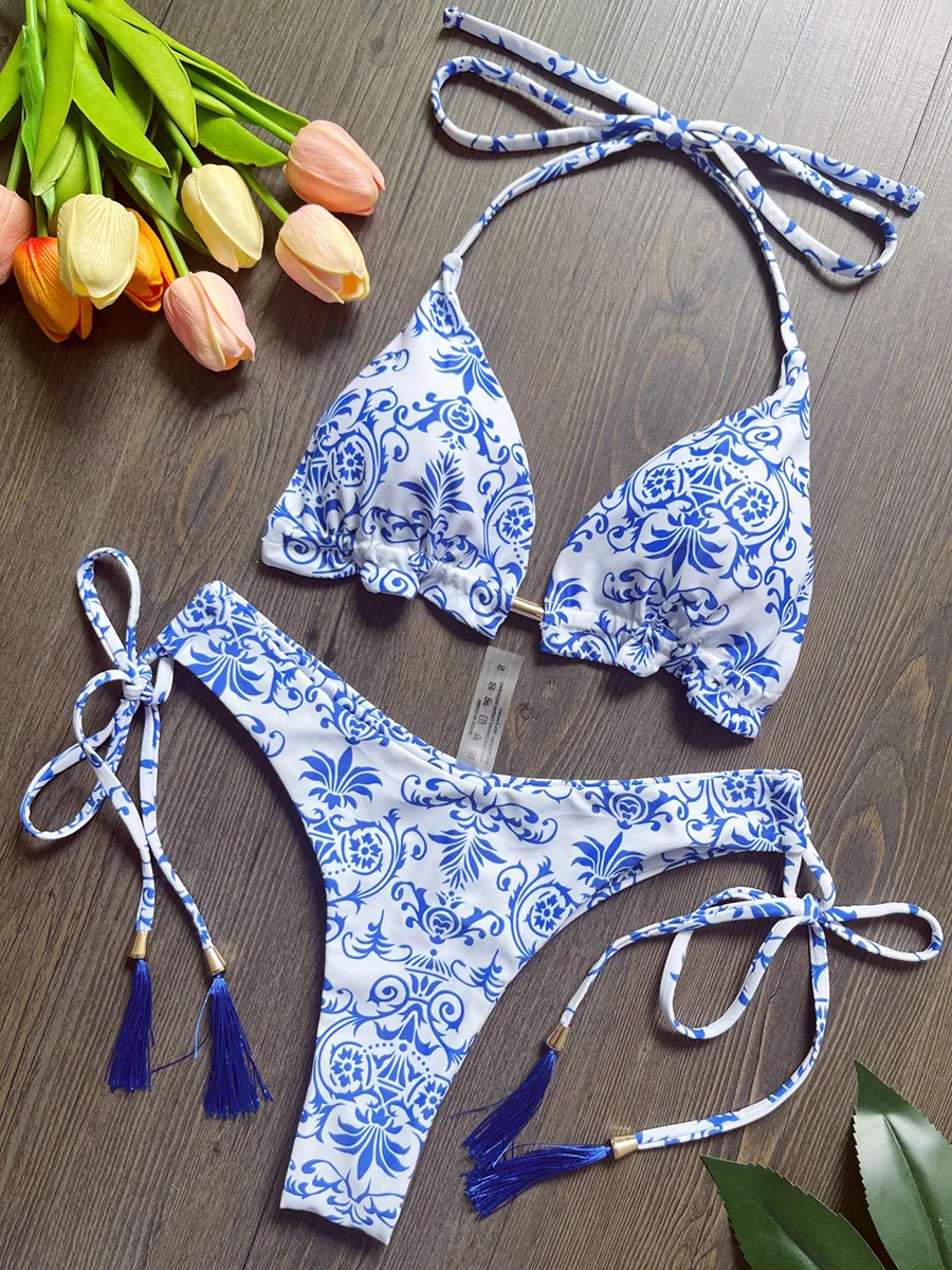 Blue and White Porcelain Print Halter Brazilian Bikini Female Swimsuit Women Swimwear Two-pieces Bikini Set Bathing Suit Swim