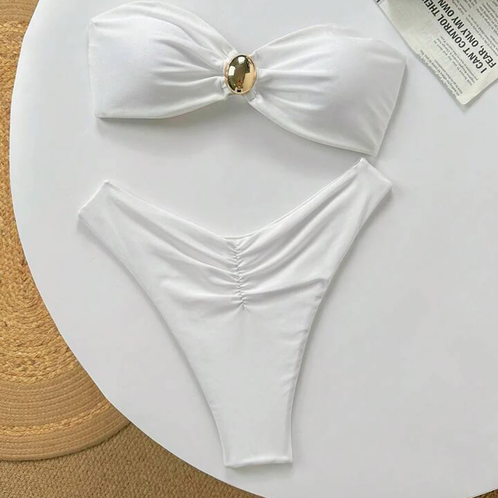 Elegant Solid Off Shoulder Women’s Sexy Bikini Set Tight Fitting Swimsuit Ladies High Elastic Split Bikini Swimwear