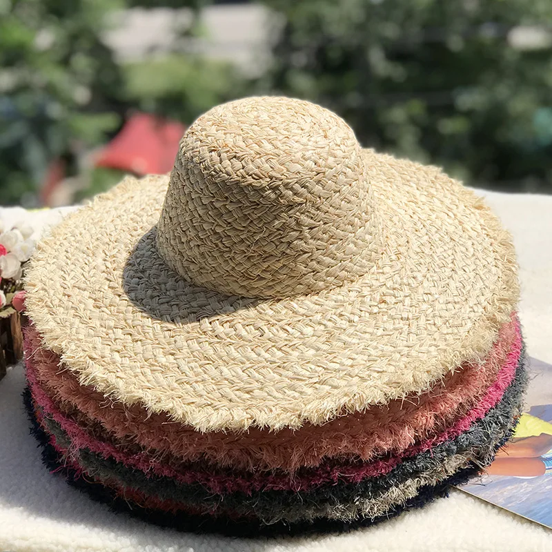 

In Stock Wholesale Natural Raffia Hat Sunscreen Broad-brimmed Hat Beach Hat Diy Wide Brim Burr Color Dome Hat