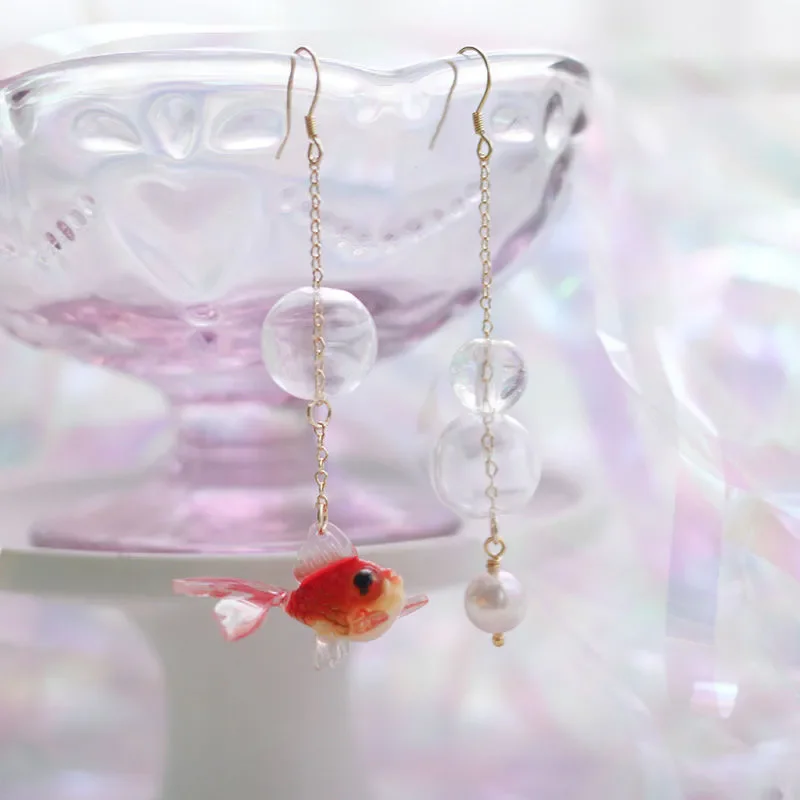 Ocean Elements Style Red Resin Goldfish Glass Ball Bubble Earrings Women's Fun Cute Fashionable Happy Party Jewelry Earrings