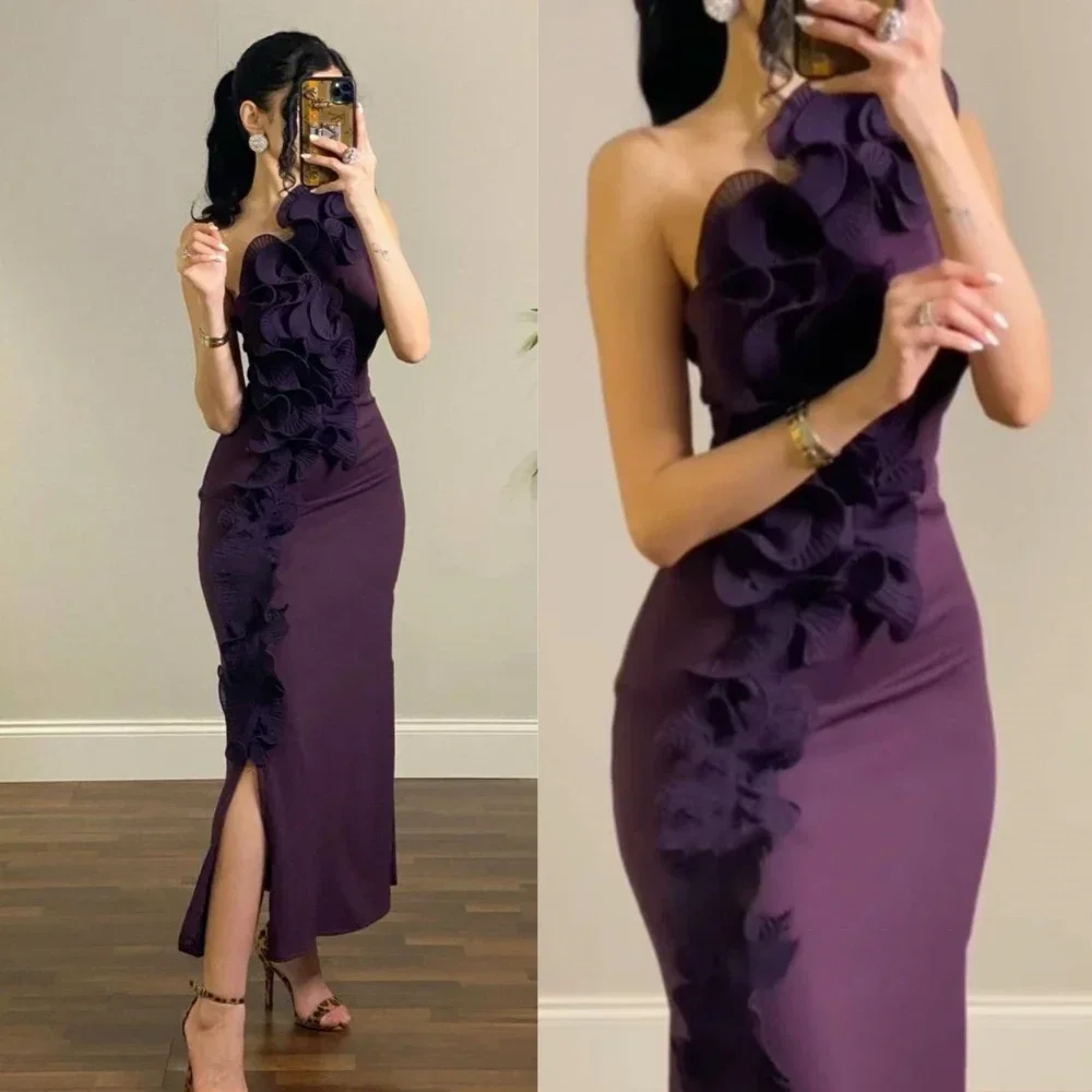 Customized Sexy One Shoulder Glamorous Evening Dresses Flower Pleat Straight Cocktail Party Dresses Ankle Length Bespoke Dresses