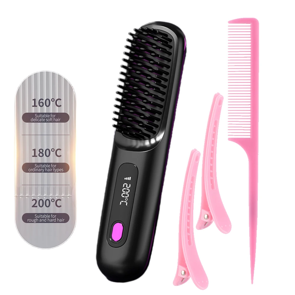 

Cordless Hair Straightener Brush Fast Heating 2000mAh USB Rechargeable Portable Wireless Straightener Hair Hot Comb Anti-Scald