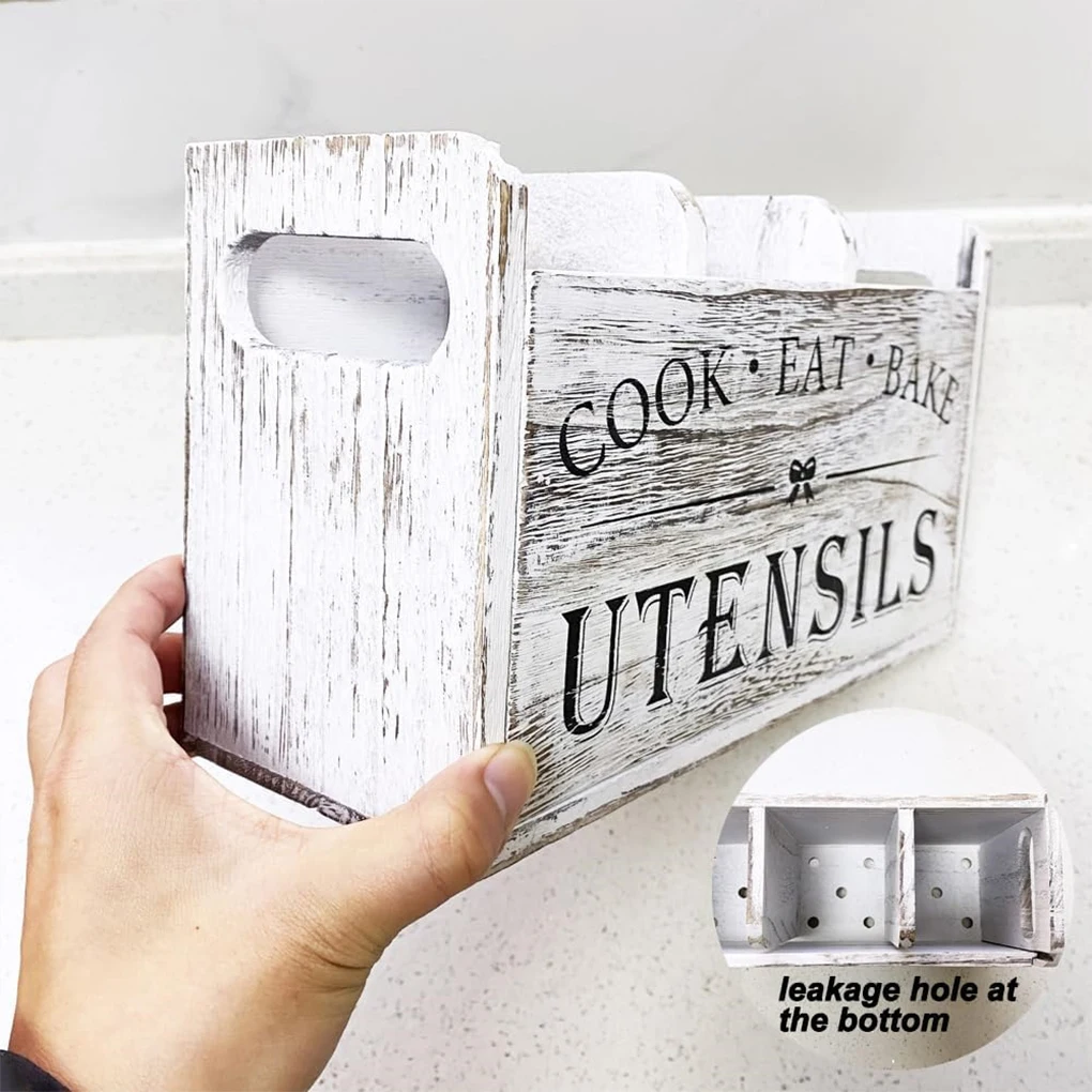 Wood Kitchen Utensils Holder 3 Compartments Tableware Organizer Stand With Drainage Holes Rustic Caddy For Spoon Fork Knife view 5