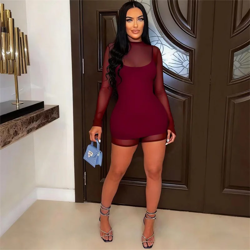 Doyerl 2-częściowy zestaw dla kobiet, strój klubowy, na rave, siateczkowy, prześwitujący kombinezon i dopasowany zestaw mini sukienki bodycon.