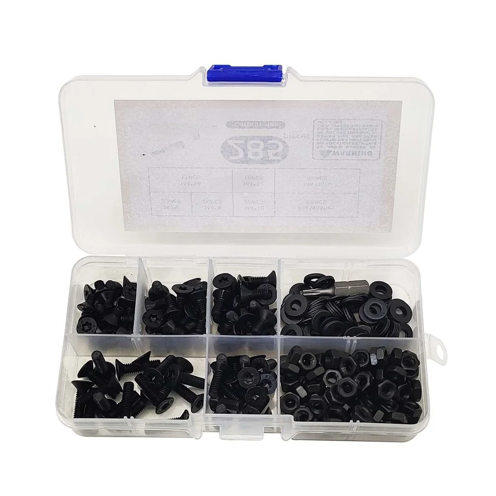 10.9 Grade Carbon Steel 4mm Countersunk Hex Socket Screw Set Black Oxide Coated Includes Washers Nuts 285 Pieces