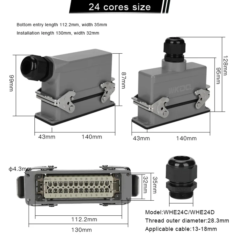 HDC-HE-024 Rectangular Heavy Duty Connector 24 Core Industrial Waterproof Aviation Plug Socket 16A 500V HE24 Top/Side Entry Hood