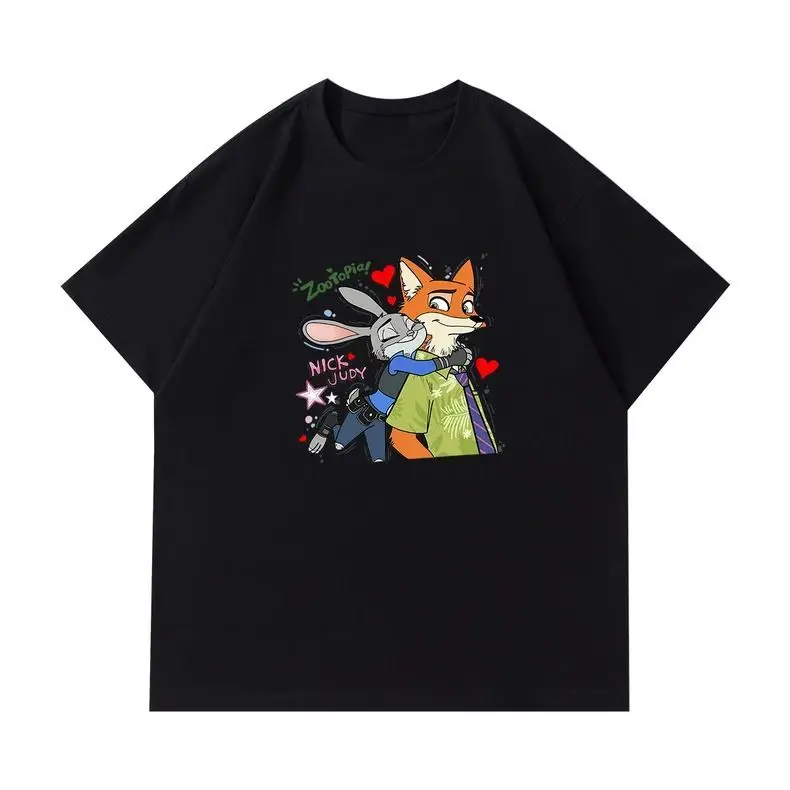 Zootopia شخصيات كرتونية نيك وجودي طباعة 2025 صيف جديد فضفاض القطن تي شيرت الرجال الشارع موضة عادية أنيمي تيز #4