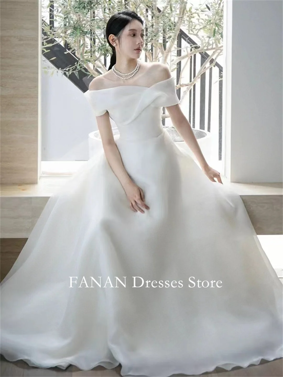 

FANAN Off the Shoulder Sweep Train Korea Ivory Organza A-Line Wedding Dresses 웨딩드레스 Customized Pretty Bride Gowns Plus Size