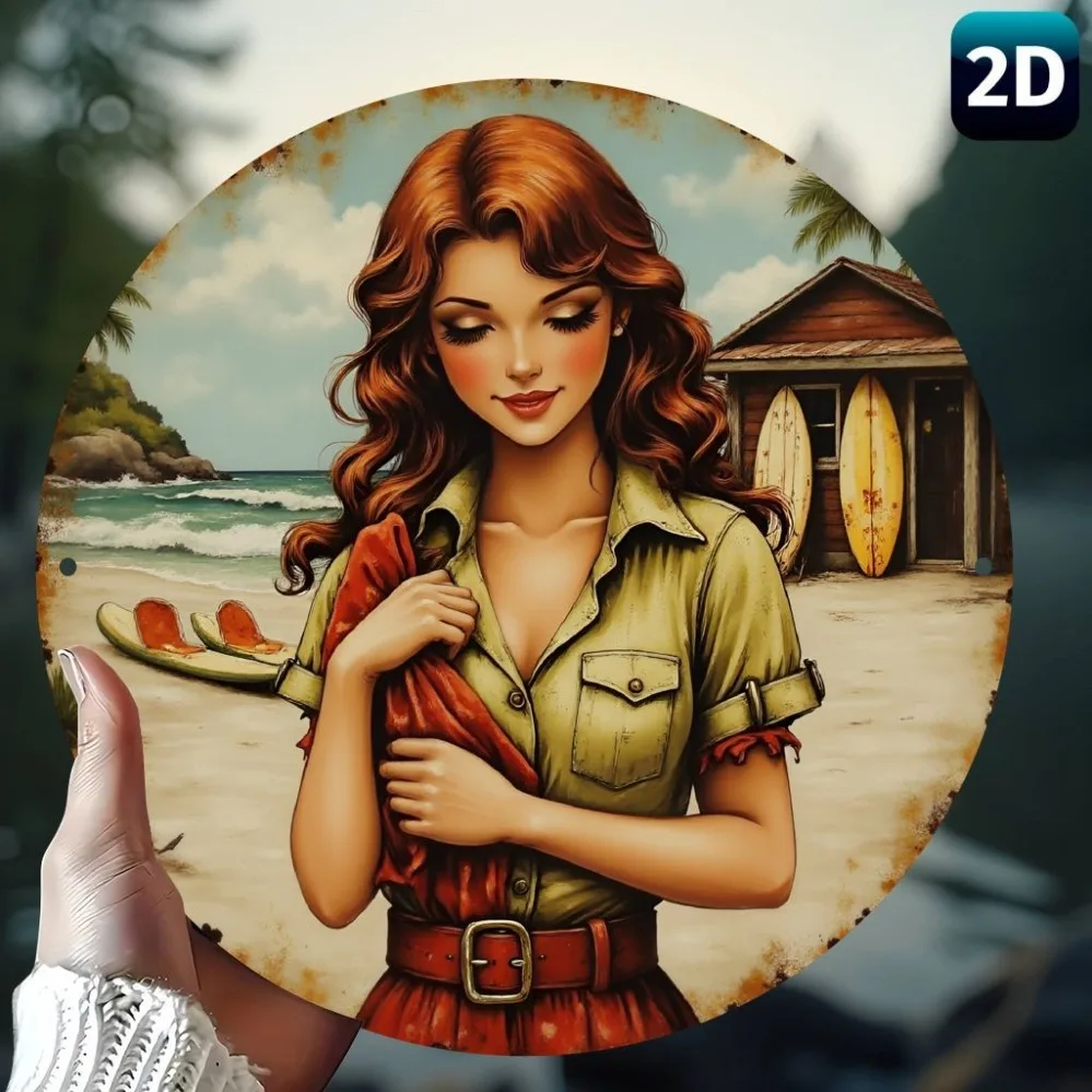 Retro 1950s Pinup Girl Beach Metal Sign, Green Tropical Wall Art for Man Cave