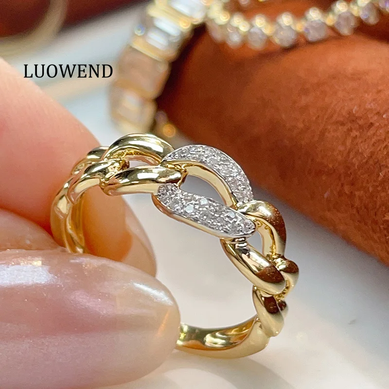 

LUOWEND 100% 18K White+Yellow Gold Rings Fashion Style Real Natural Diamond Engagement Ring for Women High Party Jewelry