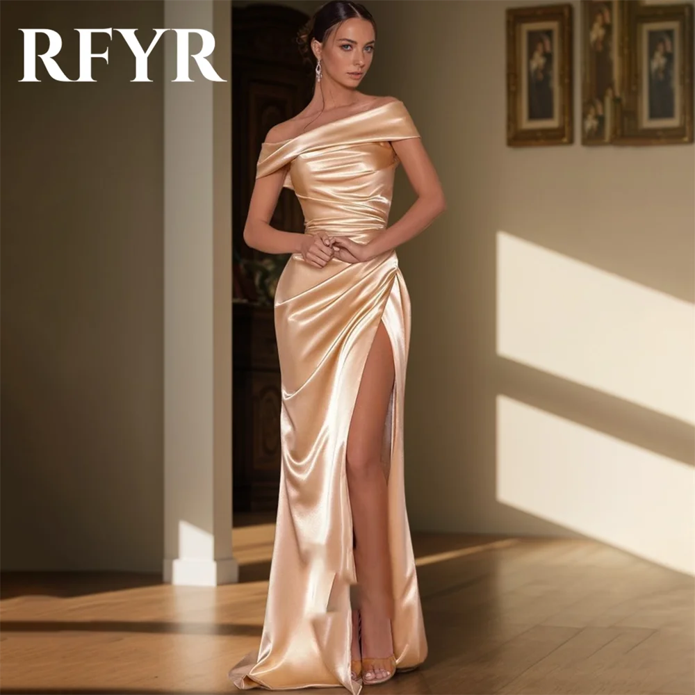 

RFYR Champagne Prom Dresses Trumpet Evening Dress Off The Shoulder Satin Party Dress with High Split Pleats Vestidos De Noche