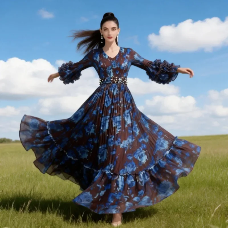 

Плиссированное платье в стиле Мияке для женщин, с V-образным вырезом, бисерной отделкой, принтом, расклешенными рукавами, свободного кроя, элегантное, для вечерних мероприятий и торжественных вечеринок