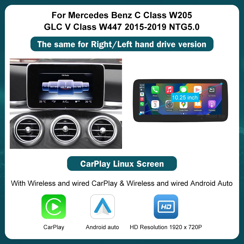 RoadTop Draadloze CarPlay Android Auto Multimedia Linux Scherm voor Mercedes-Benz C Klasse W205 GLC V Klasse W447 NTG 5.0 2015-2018