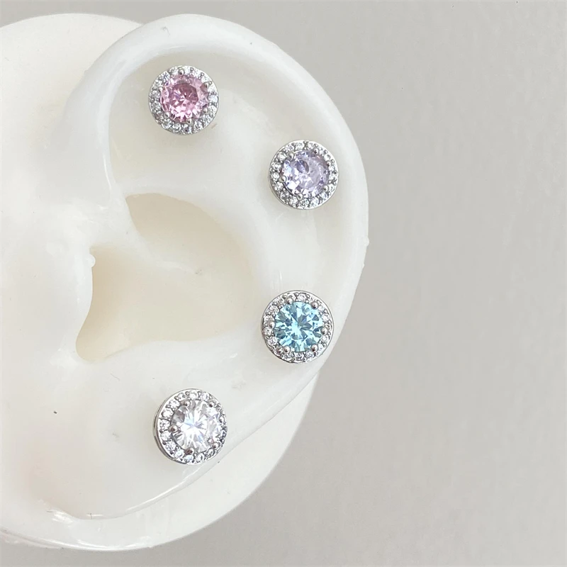 1PCS Shiny Blue Zircon Stainless Steel Ear Bone Nail Full of Rhinestone Screws Earrings for Women Cochlea Piercing Body Jewelry
