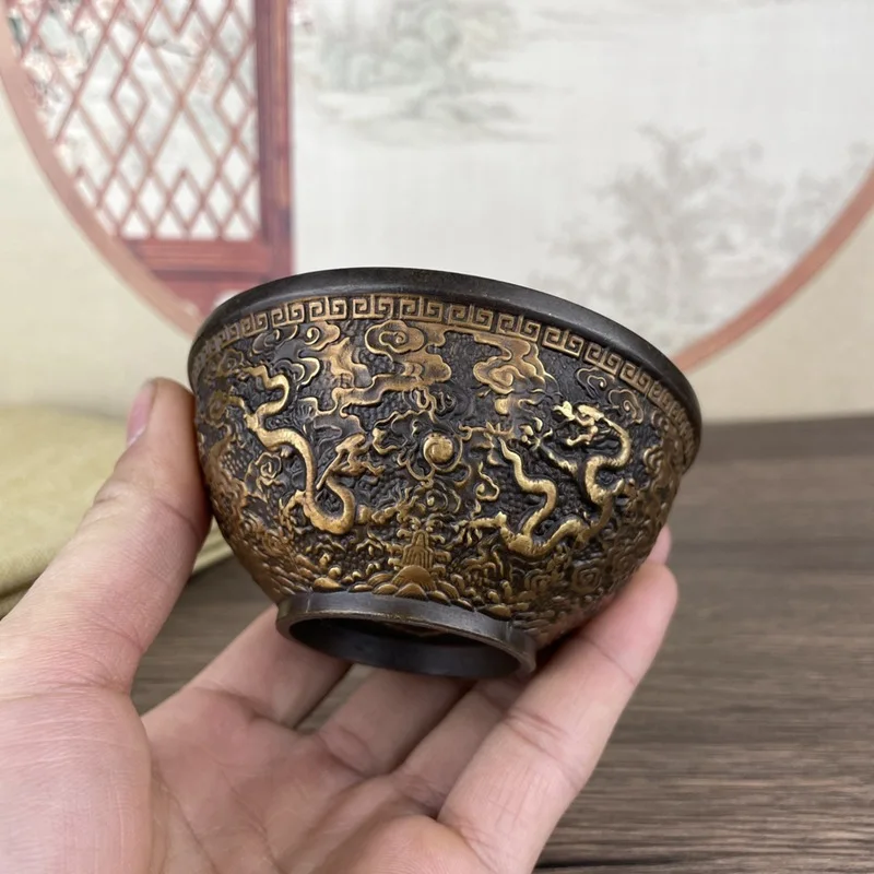 Antique Miscellaneous Collection Gilt Home Decorative Craft Ornament Double Dragon Bowl