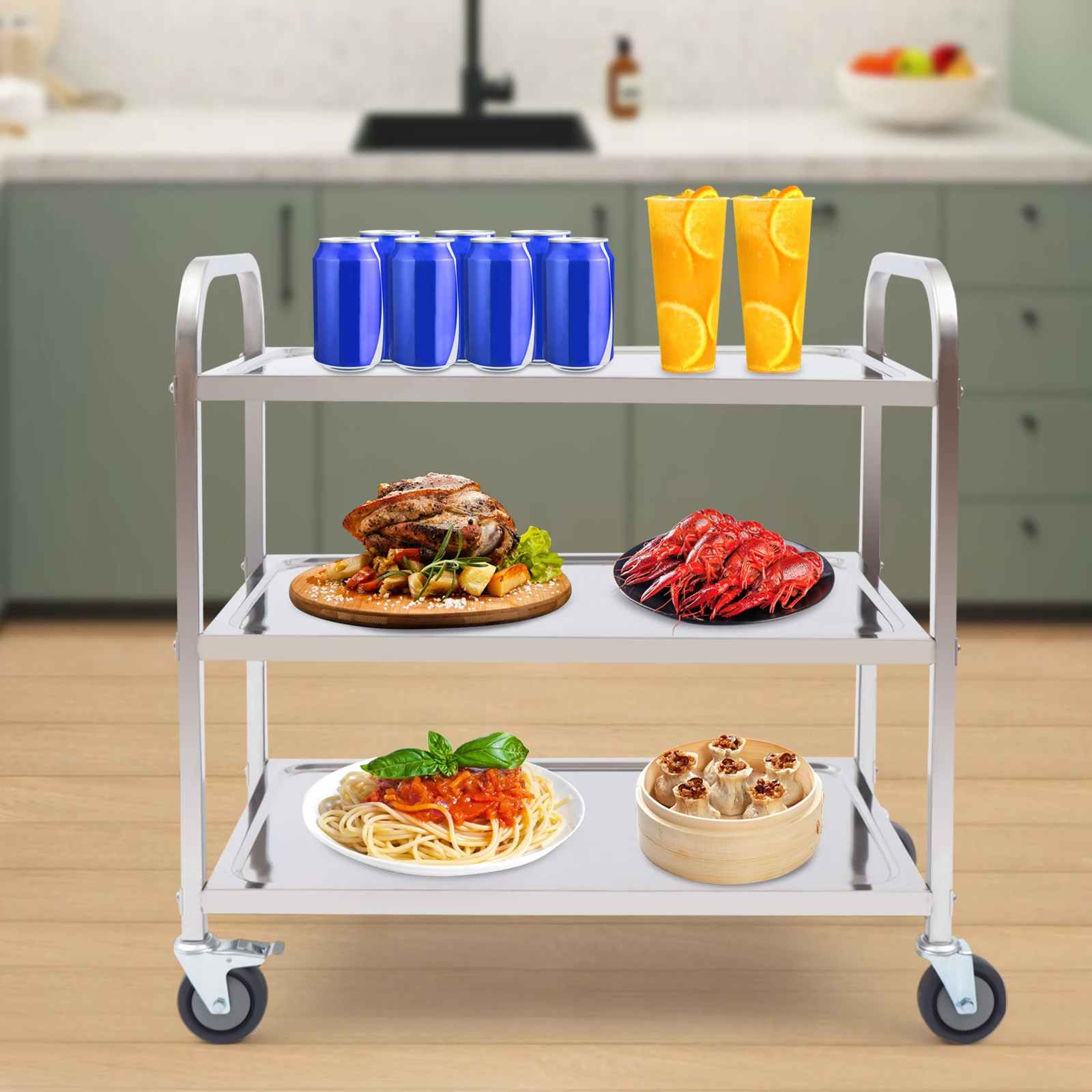 Stainless Steel Service Trolley 3 Layers Food Trolley with Brake for Kitchen