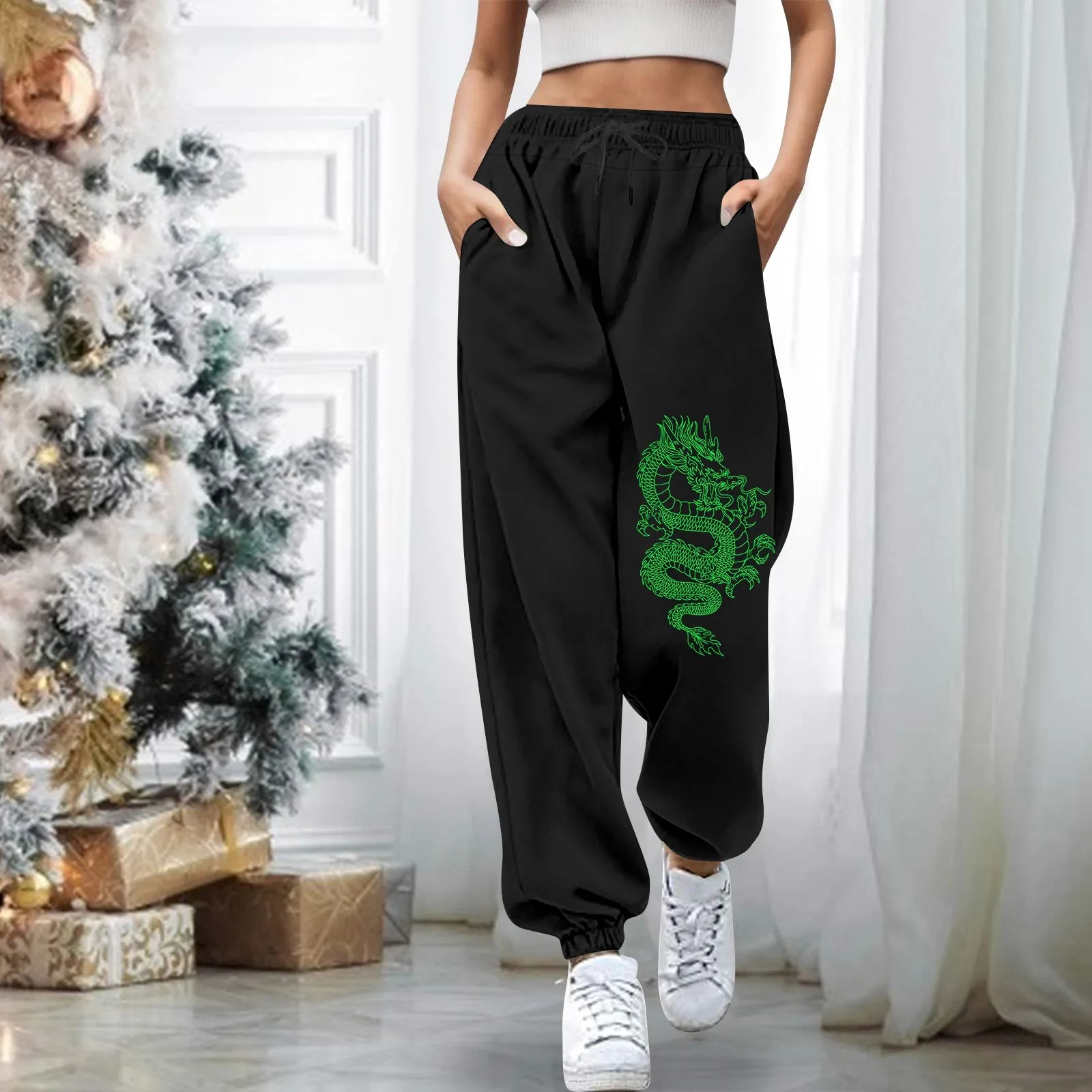 Dragon Printed High Waist Ankle-Tied Womens Pants Slight Strech Elastic Waist Ankle-Length Females Trousers Chinese Style