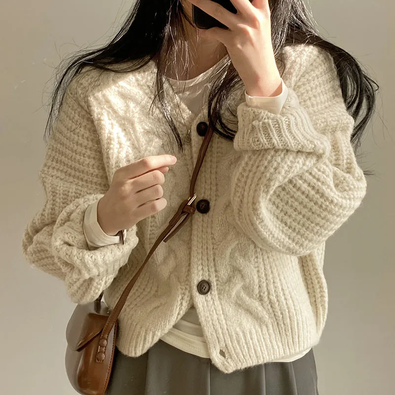 Korean Chic V-neck Puff Sleeve Twist Loose Knitted Cardigan Sweater  Tops  Y2k  Cropped Cardigan  Pink  Oversized Sweater