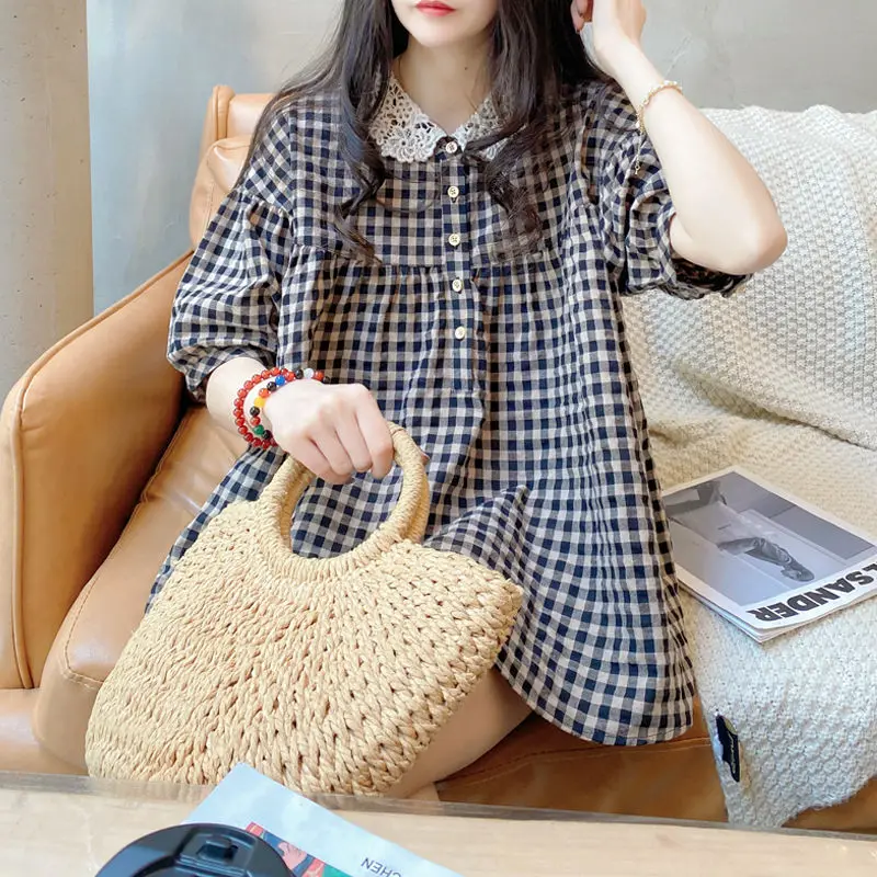 Shirt Top Summer Fashion New Korean Version Plaid Cotton Linen Lace Stitching Doll Collar Blouse Women\'s Short Sleeves Casual