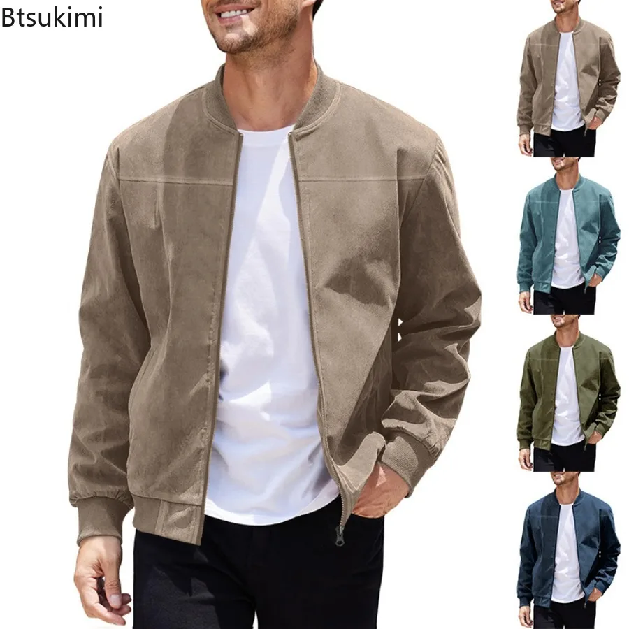 

New Men's Suede Fabric Casual Jackets Stand Collar Zipper Solid Color Bomber Jackets Vintage Sports Golf Cardigan Coats Man Tops