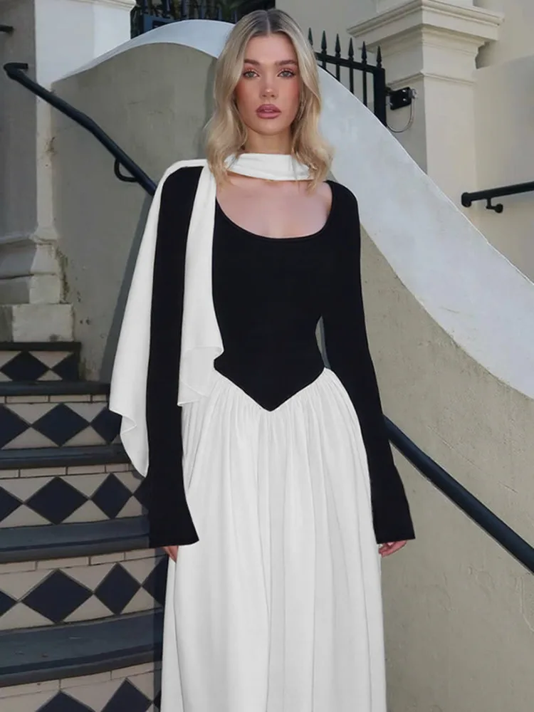 

Mozision Patchwork Long Sleeve Sexy Maxi Dress Women Fashion Autumn Winter Contrast Color O Neck Pleated Club Party Long Dresses