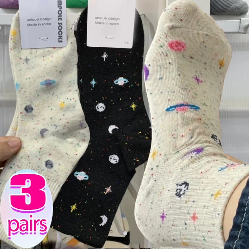 Funny Moon Stars Pattern Socks Women Harajuku Planet Space Tube Sock Women Colorful Sweet Warm Cute Casual Streetwear Meias