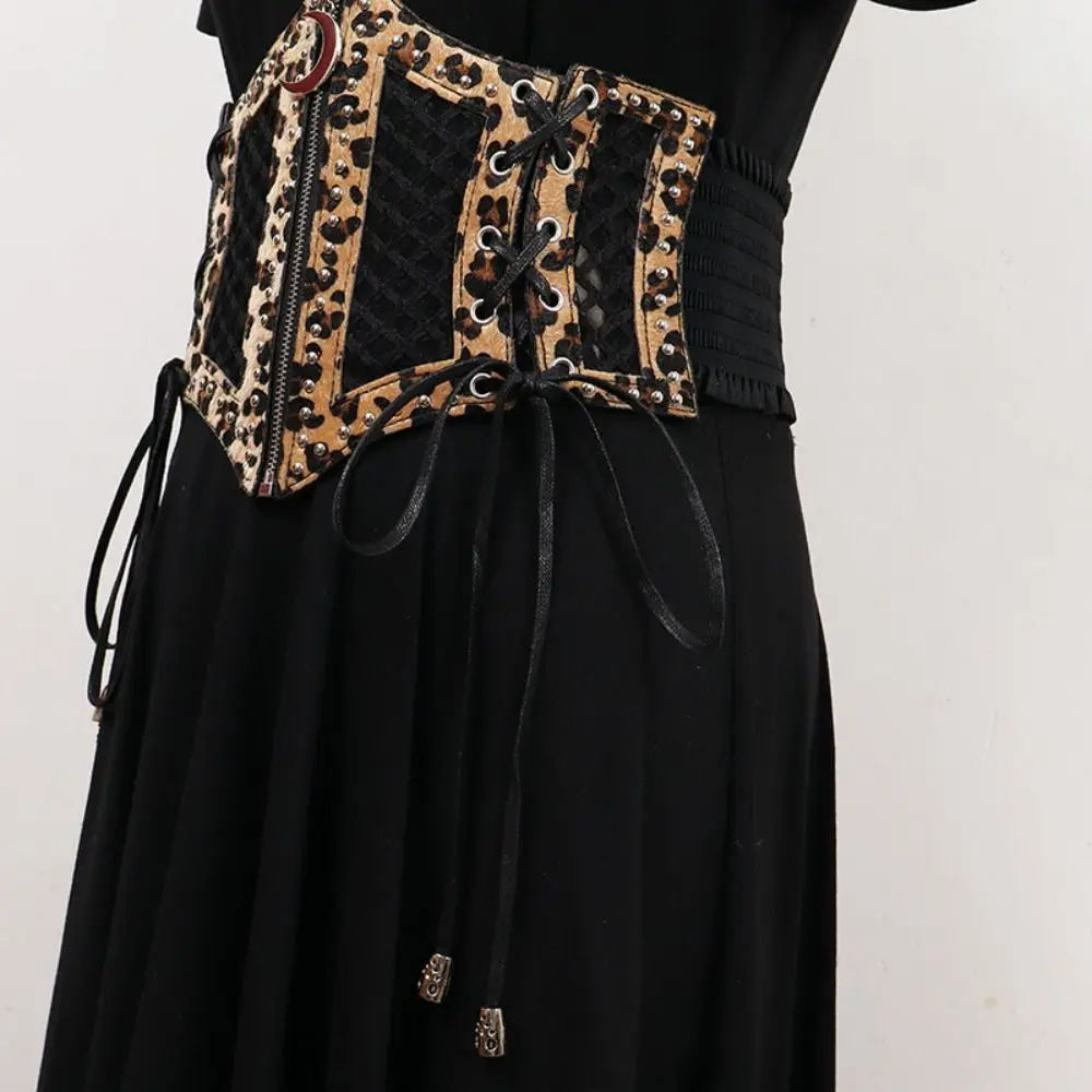 Moon Zipper Pendant Leopard Print Cummerbunds PU Leather Waistband Hollow Corset Belts High Waist Elastic Wide Waist Belt