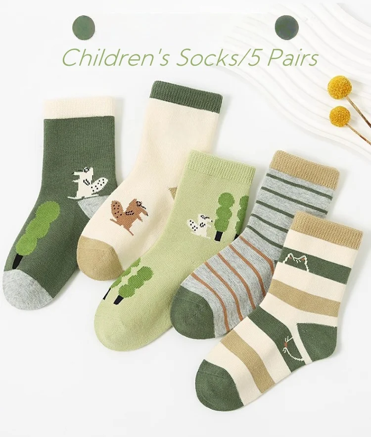 SShu Kindersocken, Frühlings- und Herbstsocken, Eichhörnchen-Cartoon-Kindersocken, atmungsaktive Baumwollsocken für Kleinkinder, 5 Paar – Detail 4