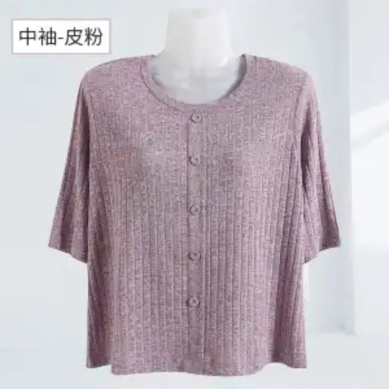 Women's Mid Sleeve Ribbed Knit T-shirt Round Neck Button Front Casual Loose Ice Silk Blouse for Middle-aged