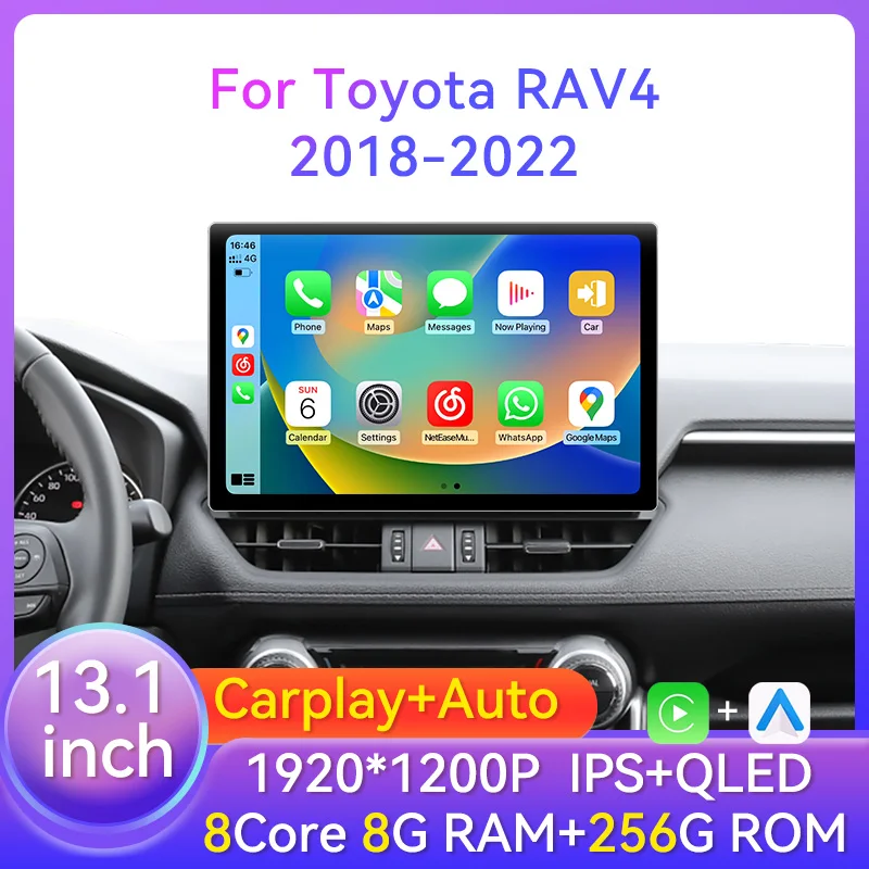 13,1-дюймовый 2 Din Android Автомобильный стерео радио для Toyota RAV4 Rav4 XA50 2018 2019 2020 2021 2022 Мультимедийный видеоплеер Навигация GPS Carplay Авторадио Головное устройство Без DVD с аксессуарами для экрана