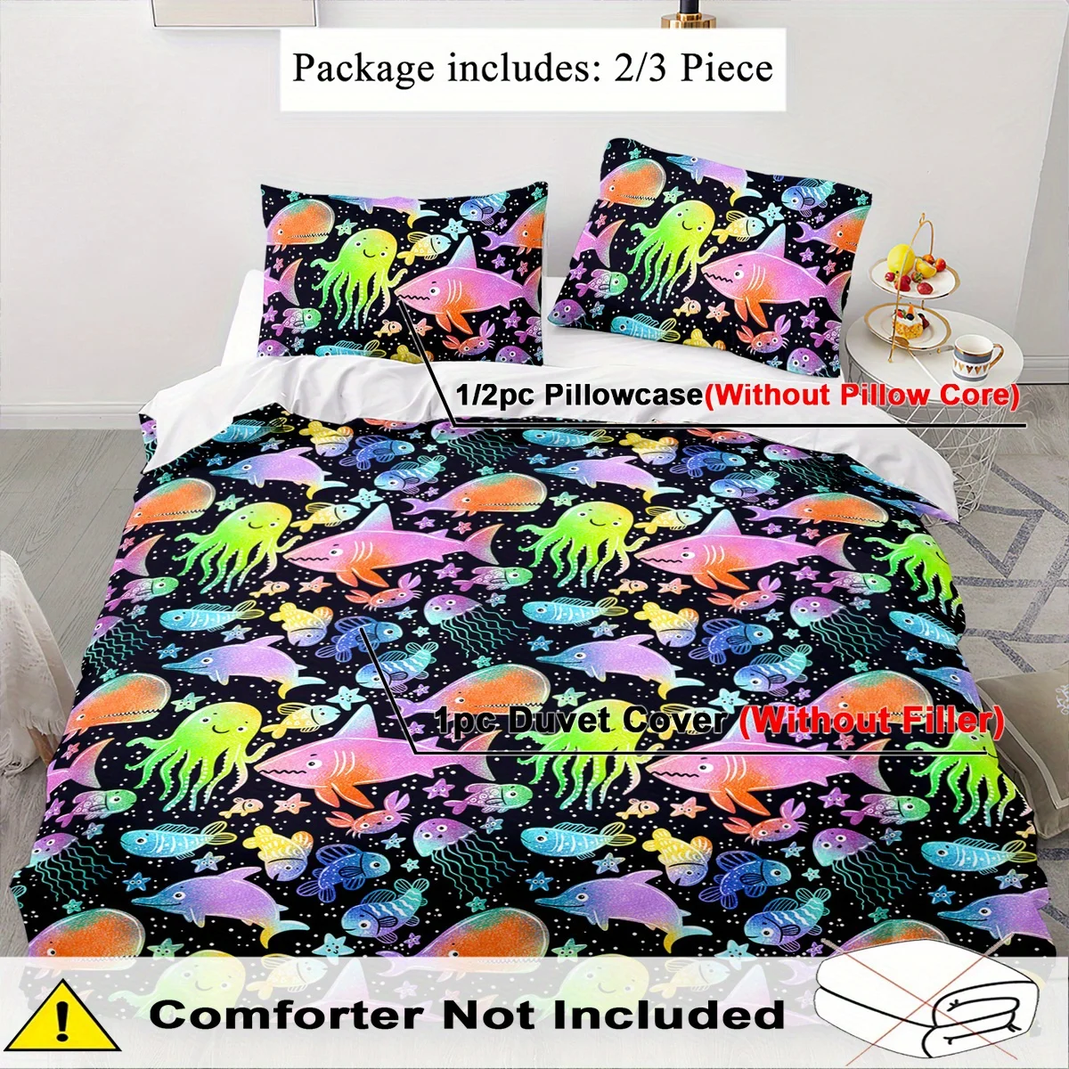 Marine Life Shark Octopus Print Duvet Cover Set Multi Size Quilt Cover Queen Size Bedroom Bedding Decoration Machine Washable Adult Boy Girl