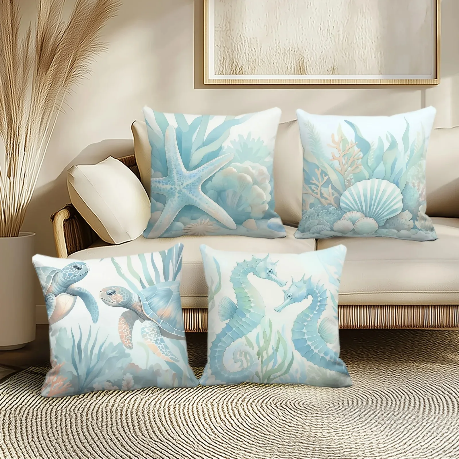 Home Decor Oceanic Creatures: Seahorses, Starfish & Turtles Pattern Cushion Cover Suitable For Sofa Bedroom Car Pillow Cover