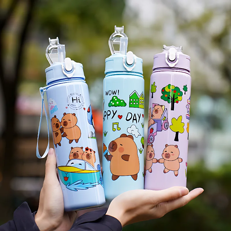 1/2/4PCS 750ml Capibara Straw Mug Cute Children's High-Value Student Portable Cartoon Mug with Carrying String Water Bottles