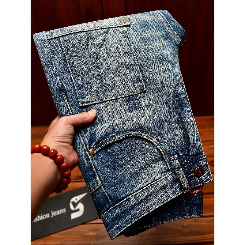 

Broken hole jeans for men, retro trend splicing, street nostalgia, personality, handsome, slim fit, small leg pants