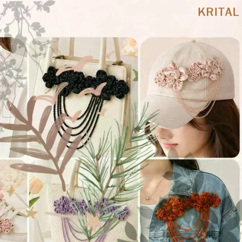 1Pcs Flash Crystal Tassel Chest: Flower Shoulder Patch NEW Bead Applique High Quality Satin Pleated Handmade 3D Flowers Tassel