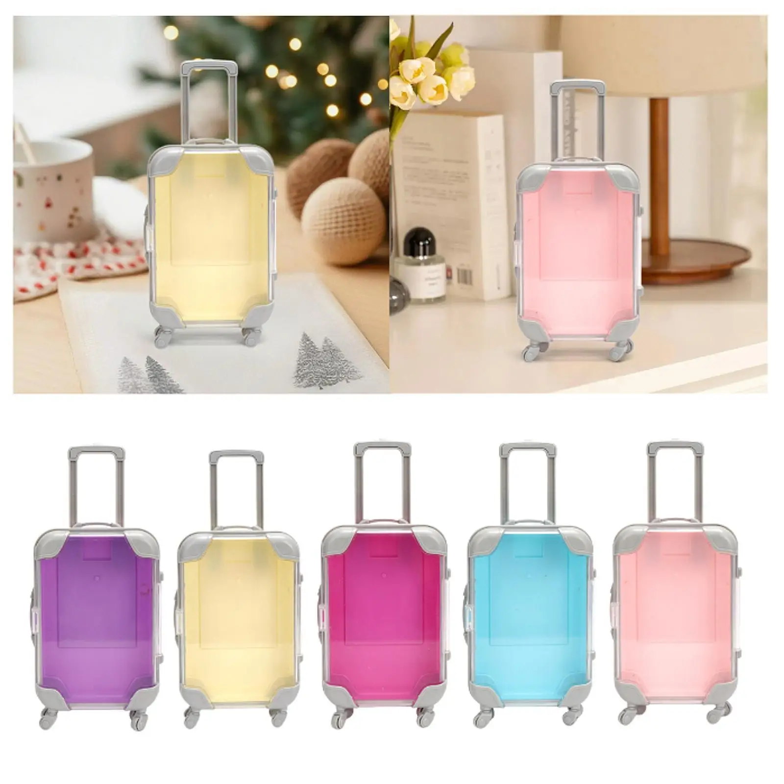 Mini Suitcase Transparent with Rotating Wheels and Handle Organizer Dollhouse Accessories for Children Toy Makeup Gifts Playset
