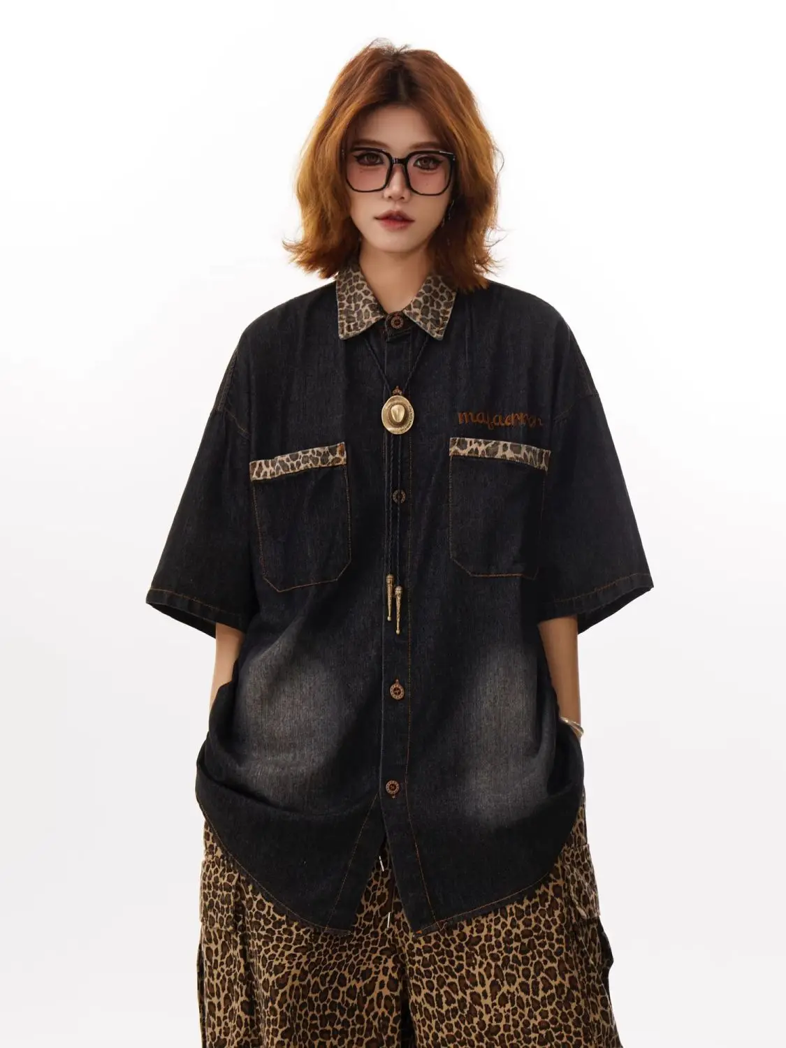 

American Retro Leopard Print Spliced ​​Denim Short-Sleeved T-Shirt Shirt Men And Women Summer Loose Casual Niche Couple Tops