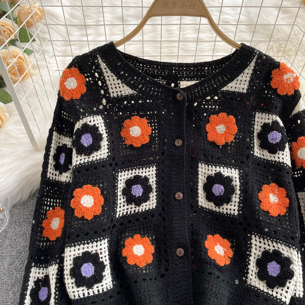 Granny Square Crochet Knit Top Floral Embroidery Long Sleeve Button-up Crop Cardigan Sweater for Women Teen-girl Boho Outfit