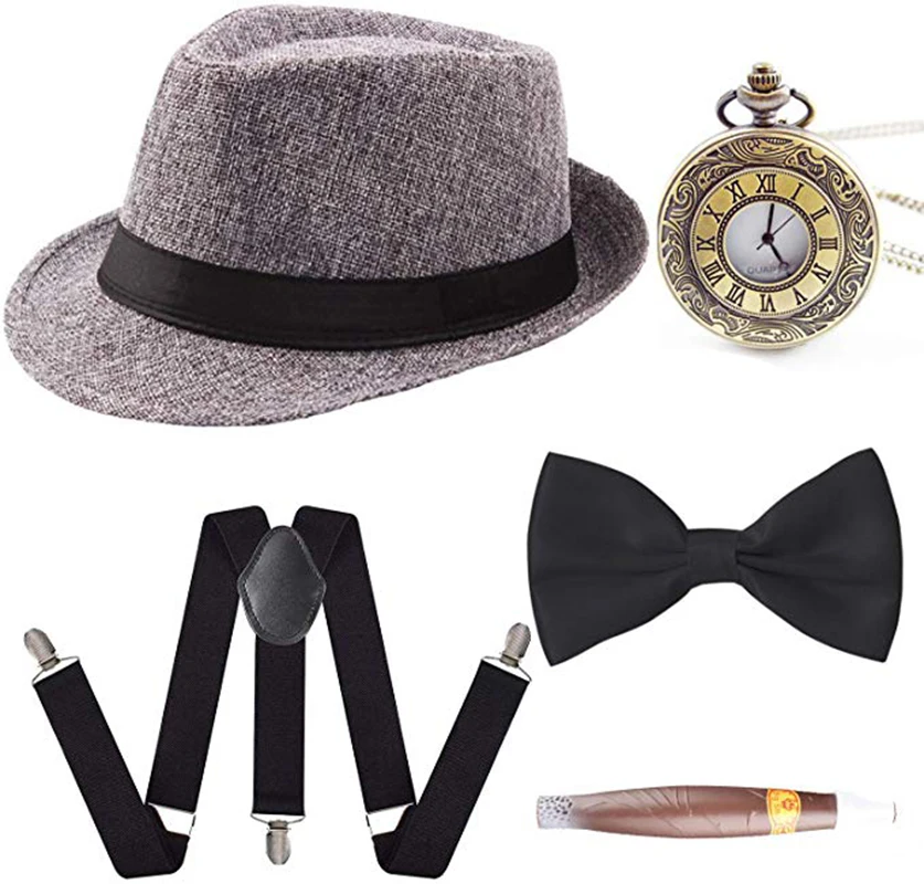 Drop Verschiffen 1920s Herren Gatsby Gangster Kostüm Zubehör Set Panama Manhattan Fedora Hosenträger Fliege Zigarre