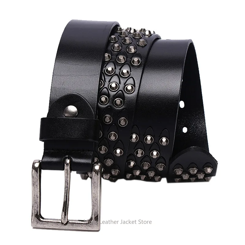 New First Layer Cowhide Personalized Rivet Belt, Pagoda Stud Decor, Trendy Denim Pin Buckle Punk Belt Wholesale