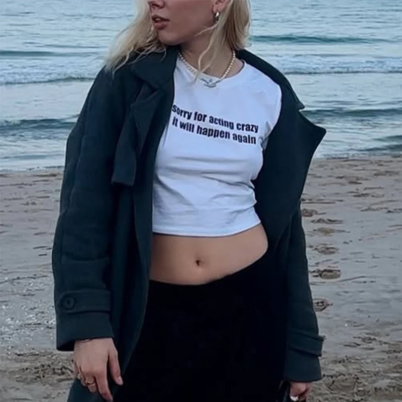 بلوزات مستديرة العنق الجرونج موضة جديدة الطفل المحملة الجمالية الشارع المرأة السببية الشباب القوطية تي شيرت 2000s رسالة الجرافيك Harajuku اقتصاص #3