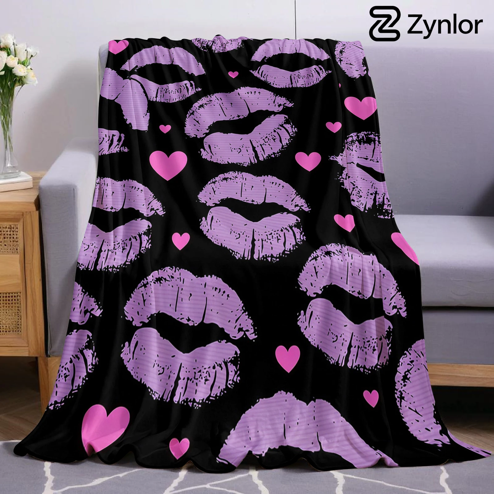 Purple Lip Print Heart Ultra Soft Sherpa Fleece Blanket Fluffy Warm Thick Throw for Sofa Bedroom Couch Holiday Home Decor Gift