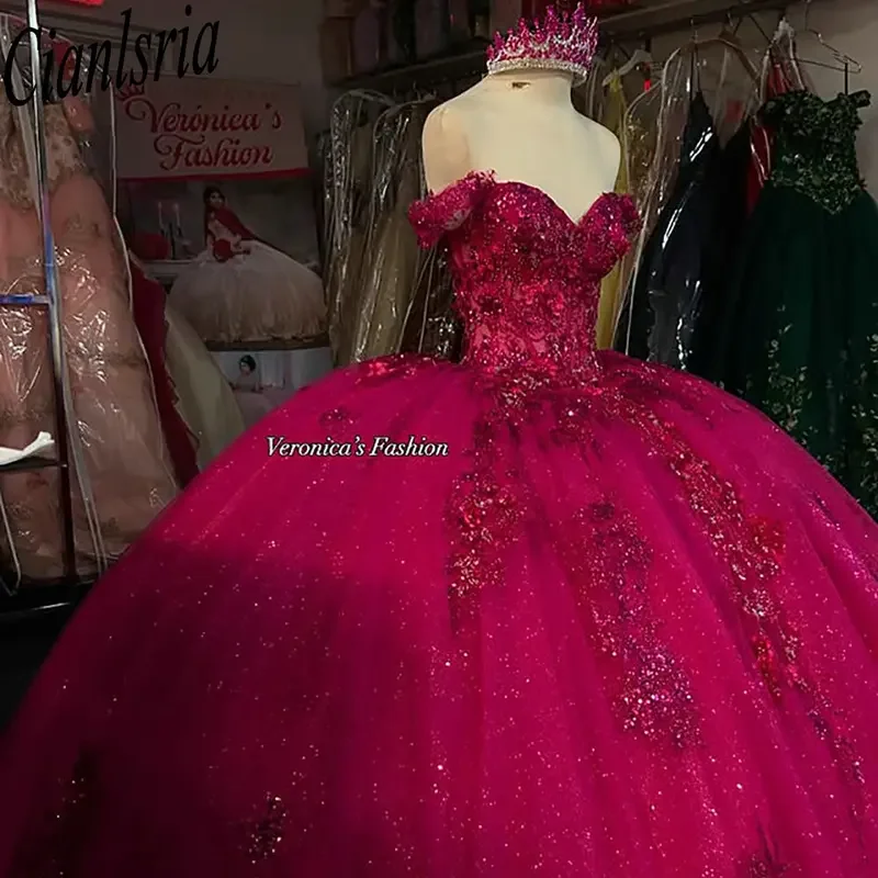 Fuchsia Off The Shoulder Quinceanera Dresses Ball Gown Sequined Appliques Lace Sweet 15 Años Mexican Customized