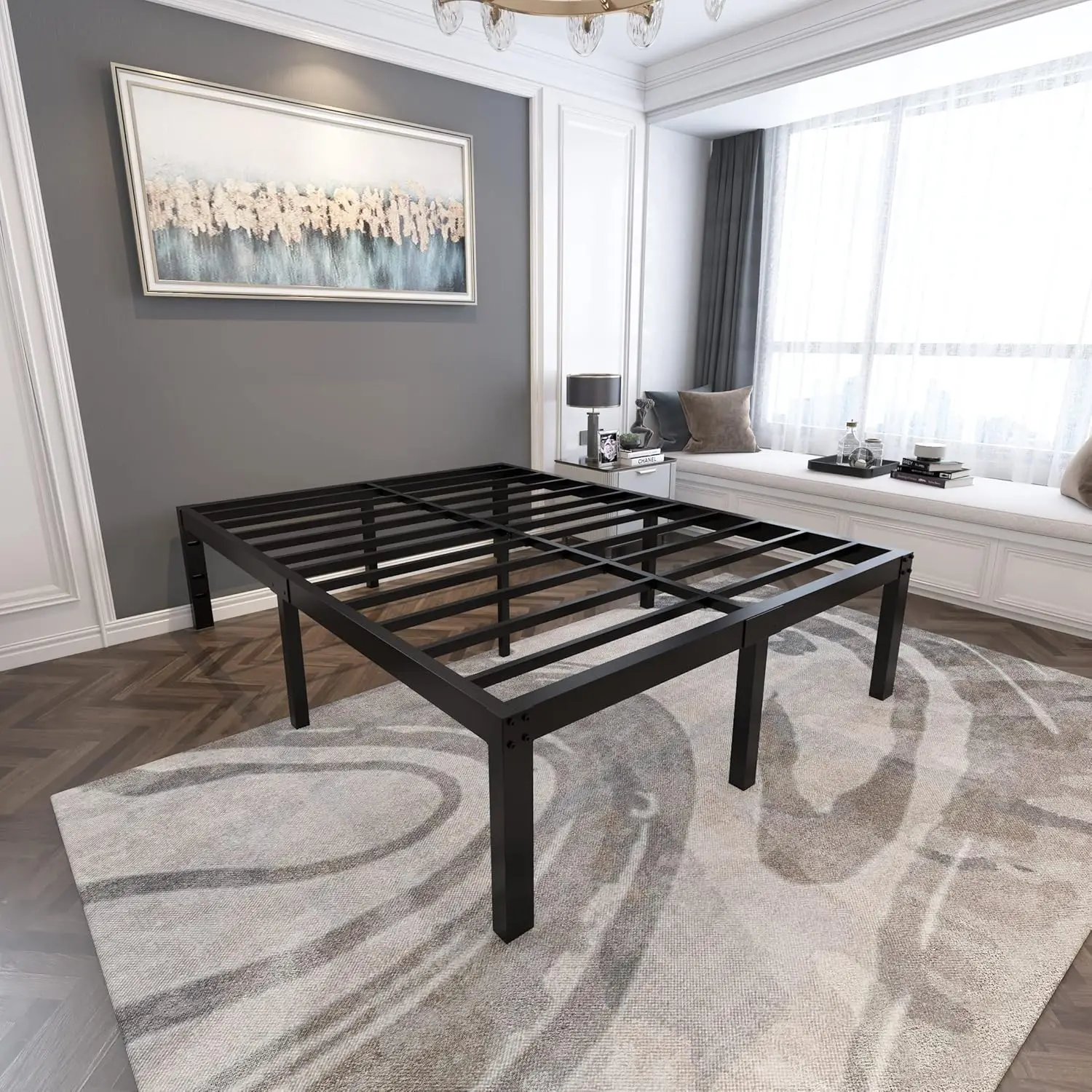 إطار سرير معدني متين عالي 18 بوصة مع سهولة التجميع ودعم شريحة فولاذية بسعة 4000 رطل