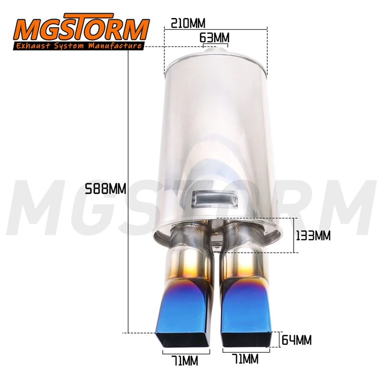 Blue Twin Square Tips Oval Shape Exhaust Tail Pipe 2.5inch Inlet 8.27x5.24inch Body 23.15inch Overall Length Exhaust Muffler