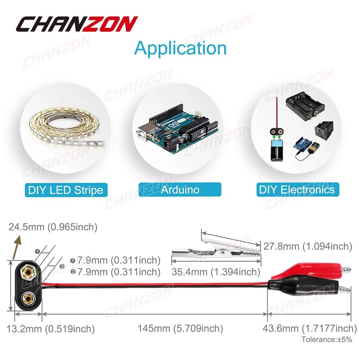 5 pcs 9V Battery Power Connector Snap Clip Adapter T-type 9 V Dual Wire Holder Cable 9Volt 15cm Lead Socket Plug with Alligator