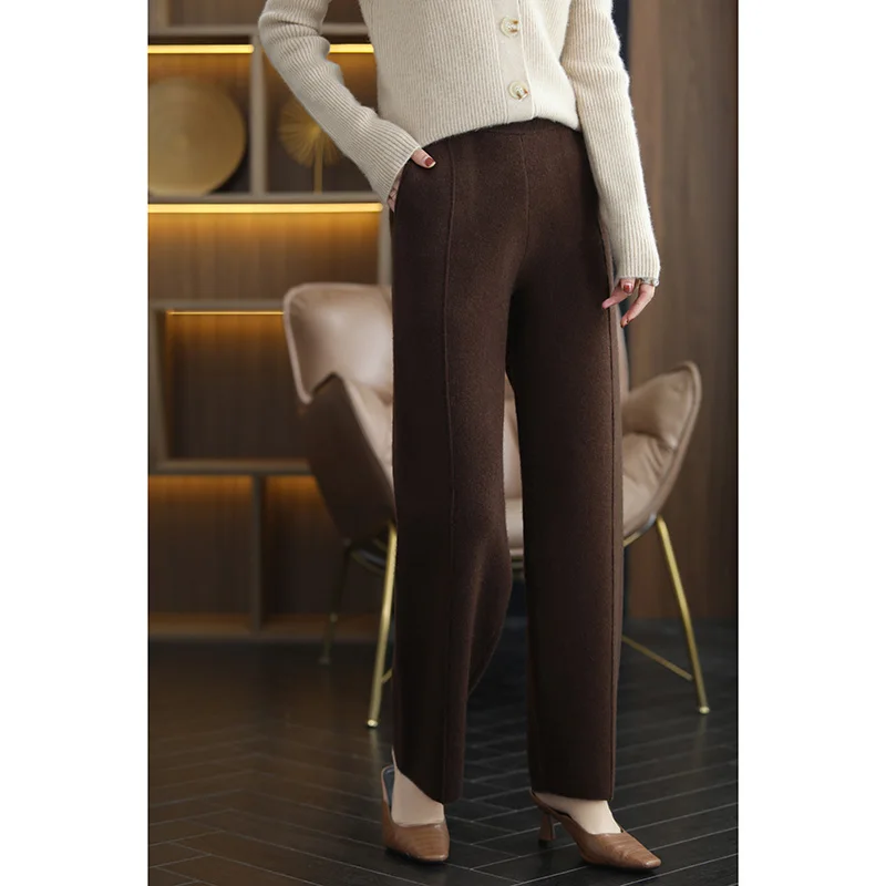 2022 Spring Autumn New 100% Pure Wool Cashmere Pants Women\'s High Waist Straight Pants Loose Casual All-match Knitted Trousers