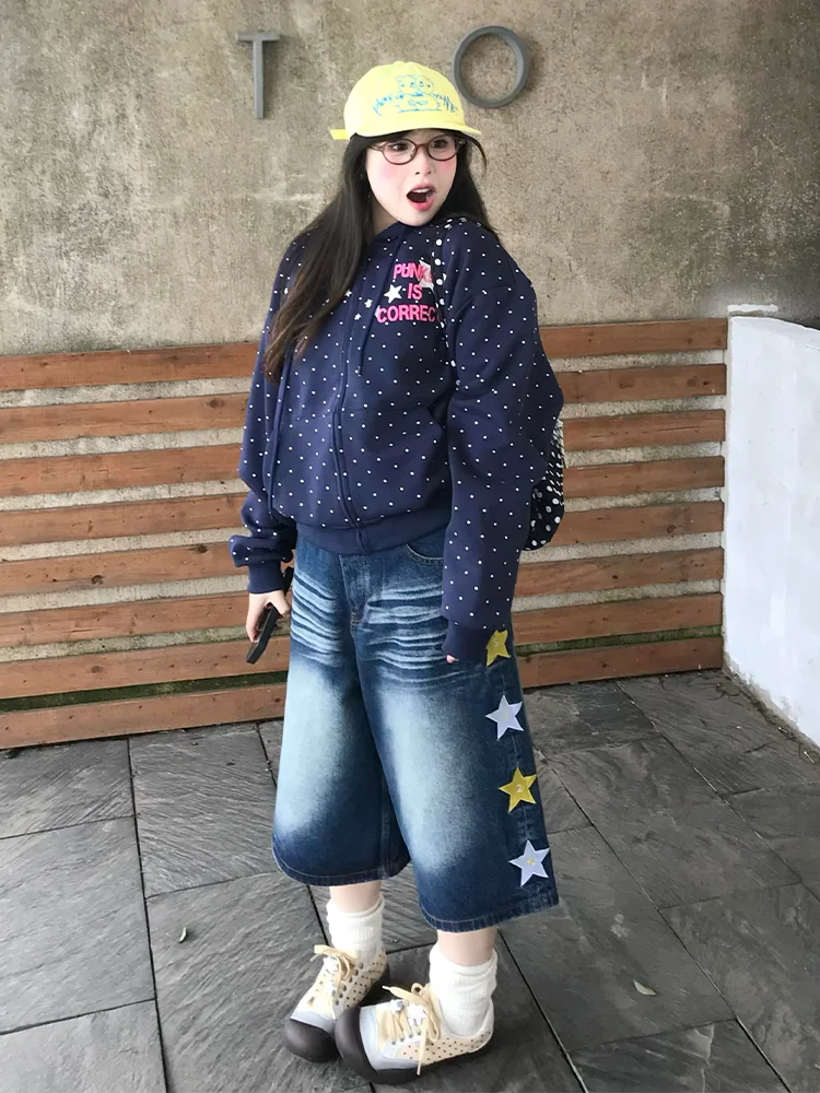 

Джинсы-шорты женские больших размеров в американском стиле с вышивкой звездами, свободные, летние, новые, прямые, повседневные, с широкими штанинами, с высокой талией