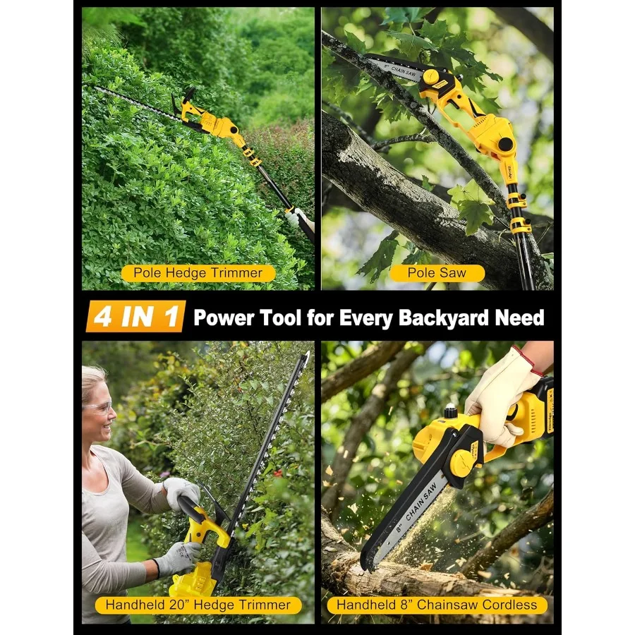 8" Pole Saw Cordless + 20" Pole Hedge Trimmer 4-in-1 Electric Mini Chainsaw/Hedge Trimmer with Extension Pole 15Ft Max Reach for