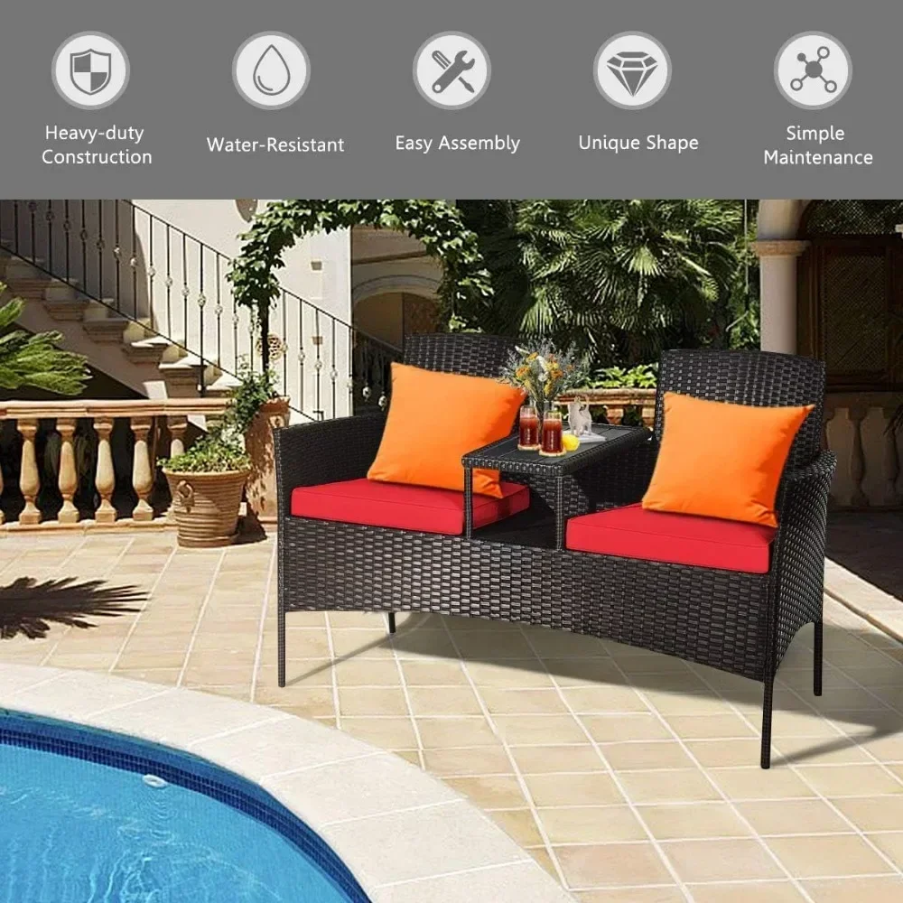 Outdoor Loveseat Patio Rattan Wicker Conversation Set with Removable Cushions, Wicker Sofa Furniture Set with Coffee Table